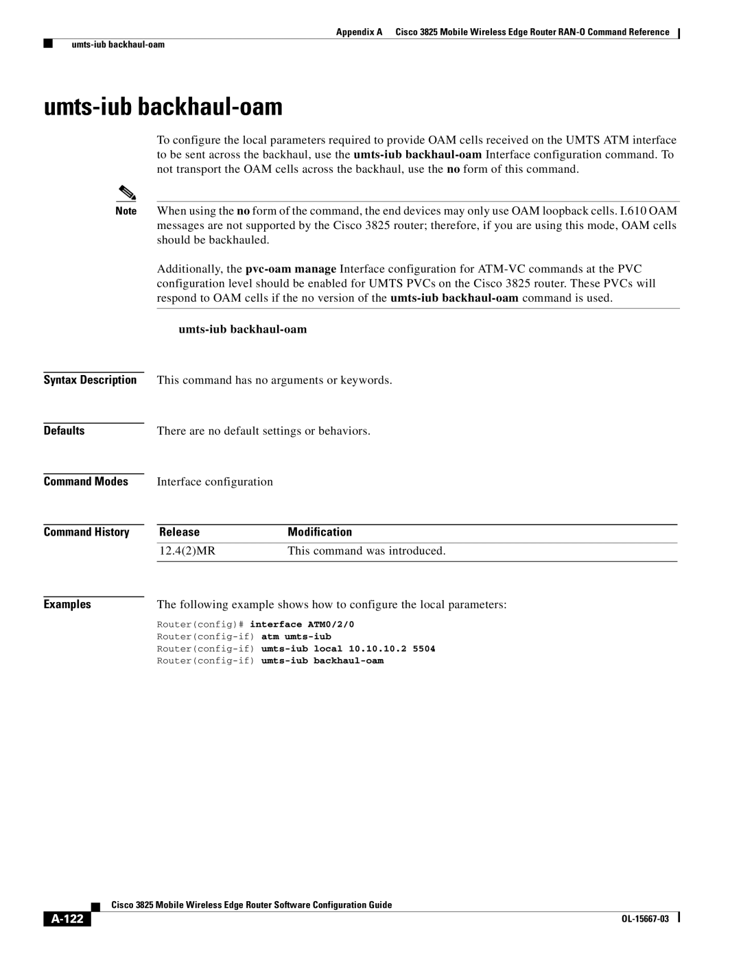 Cisco Systems 3825 manual Umts-iub backhaul-oam, 122, Routerconfig-if atm umts-iub 