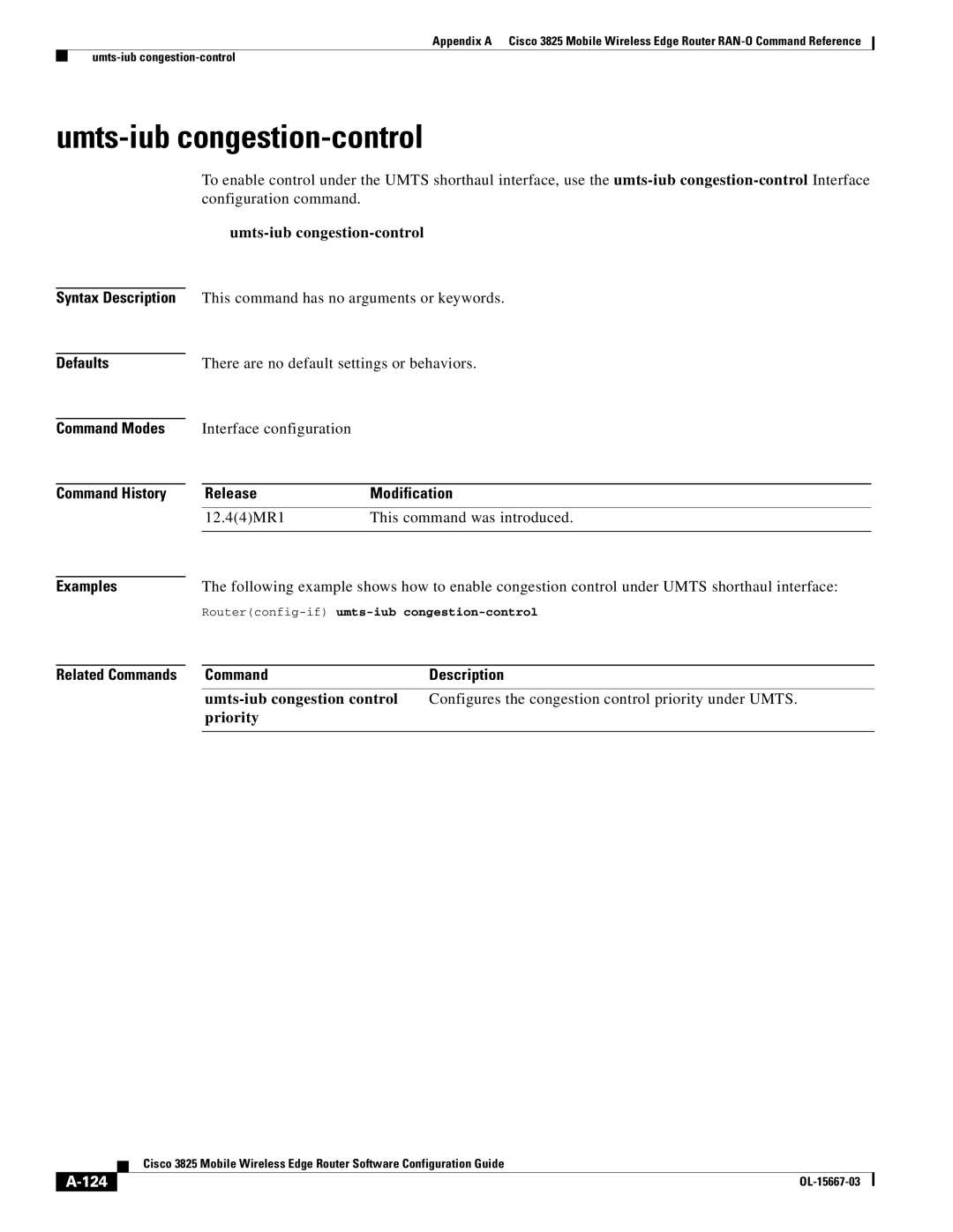 Cisco Systems 3825 manual Umts-iub congestion-control, 12.44MR1 This command was introduced, 124 