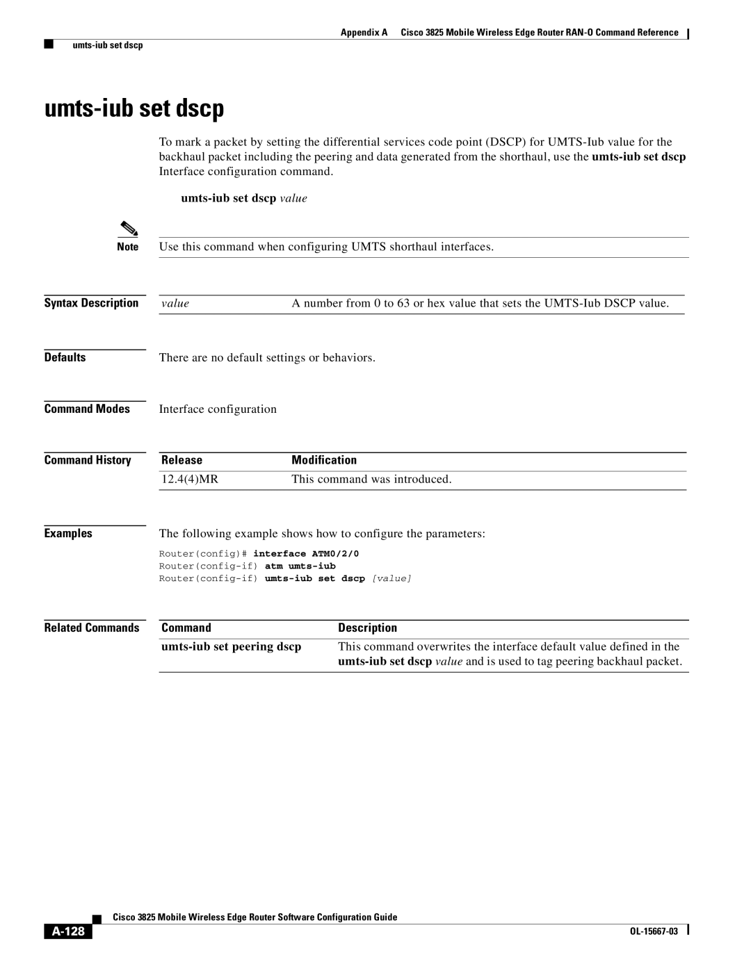 Cisco Systems 3825 manual Umts-iub set dscp, Following example shows how to configure the parameters, 128 