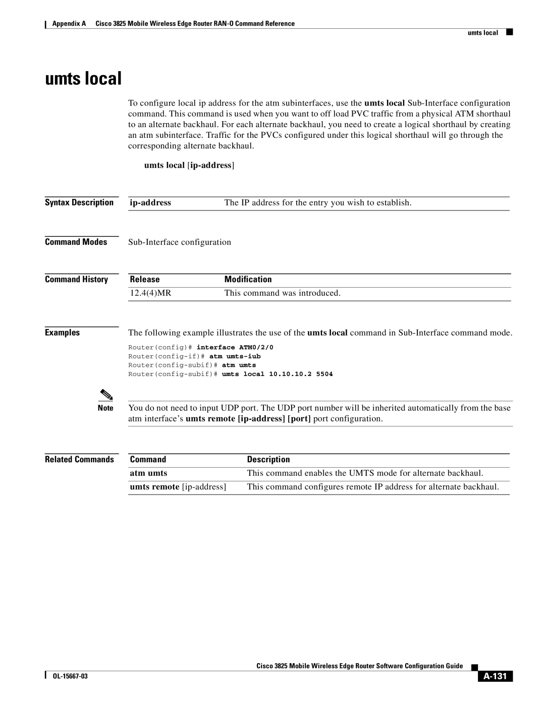 Cisco Systems 3825 manual Umts local ip-address, IP address for the entry you wish to establish, 131 