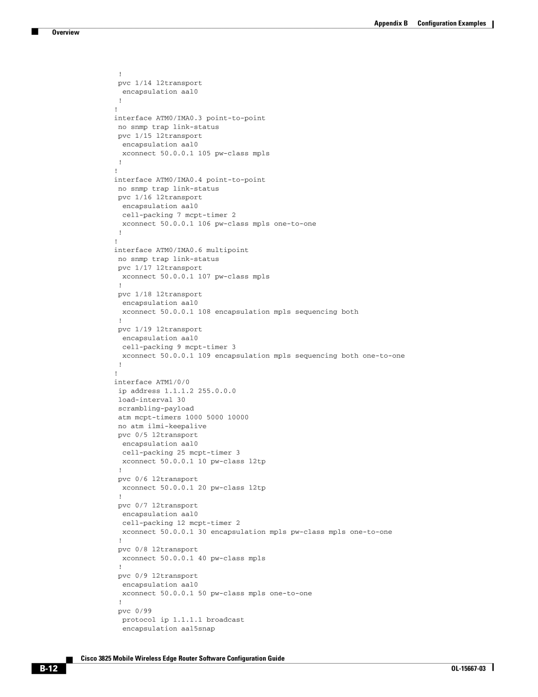 Cisco Systems 3825 manual Pvc 1/14 l2transport Encapsulation aal0, Xconnect 50.0.0.1 106 pw-class mpls one-to-one 