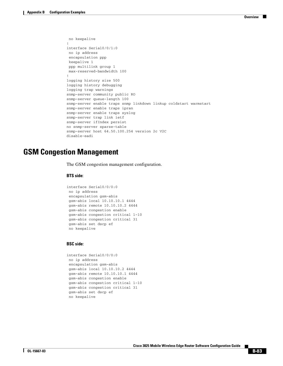 Cisco Systems 3825 manual GSM Congestion Management, GSM congestion management configuration, BTS side, BSC side 