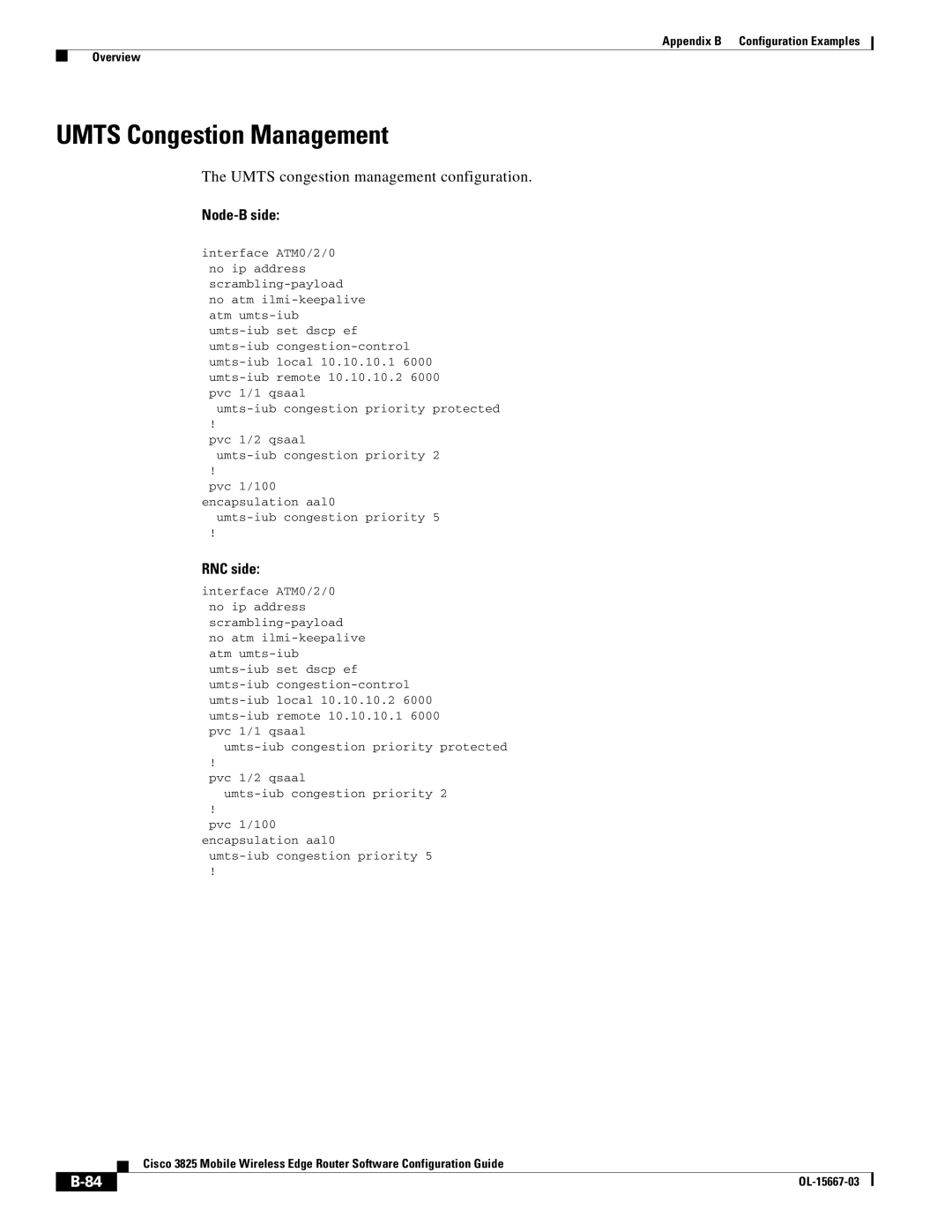 Cisco Systems 3825 manual Umts Congestion Management, Umts congestion management configuration, Node-B side, RNC side 