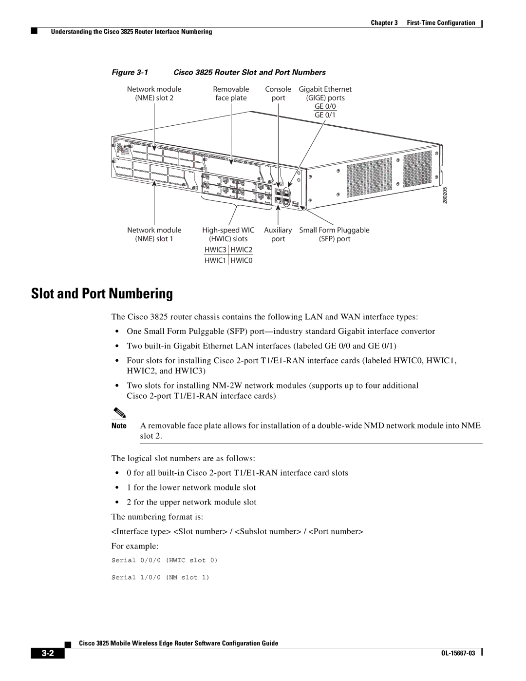 Cisco Systems 3825 manual Slot and Port Numbering, Serial 0/0/0 Hwic slot Serial 1/0/0 NM slot 