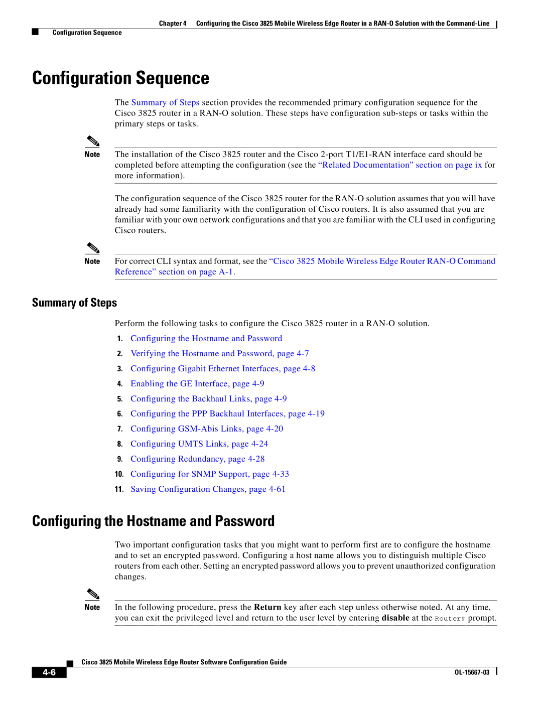 Cisco Systems 3825 manual Configuration Sequence, Configuring the Hostname and Password, Summary of Steps 