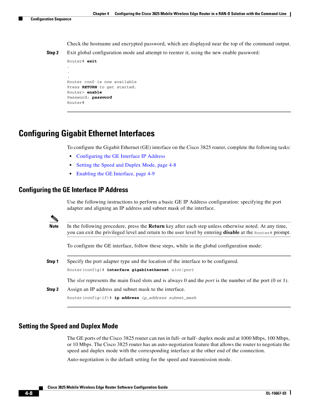 Cisco Systems 3825 manual Configuring Gigabit Ethernet Interfaces, Configuring the GE Interface IP Address 