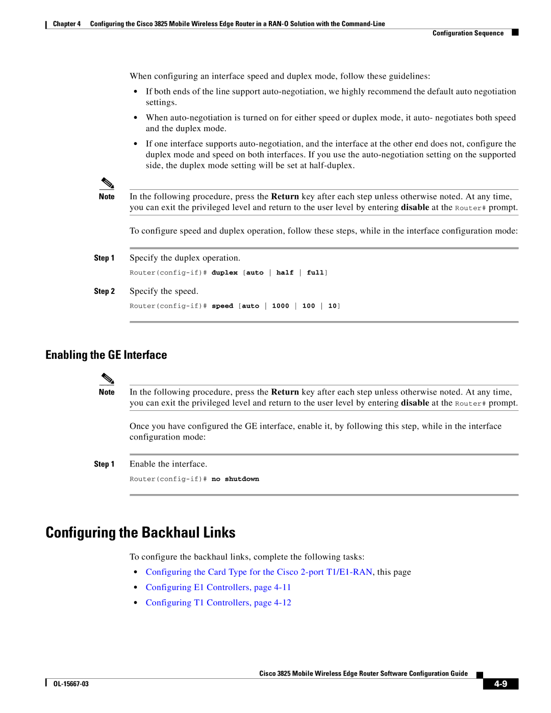 Cisco Systems 3825 manual Configuring the Backhaul Links, Enabling the GE Interface, Specify the speed 