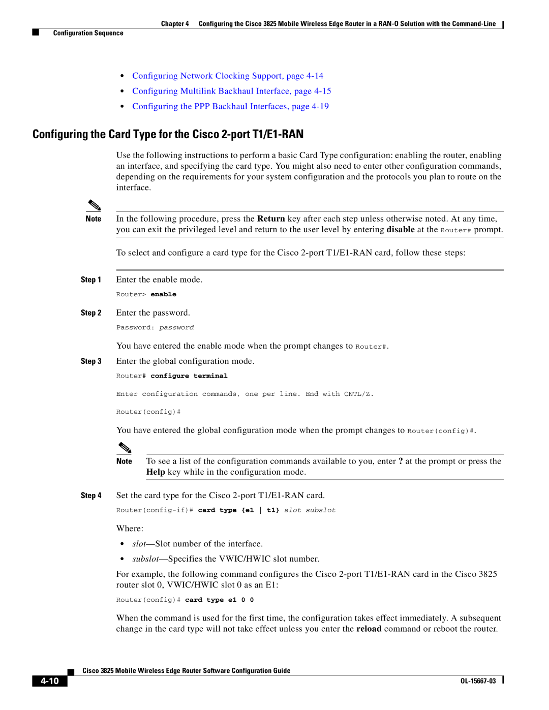 Cisco Systems 3825 manual Configuring the Card Type for the Cisco 2-port T1/E1-RAN, Enter the password 