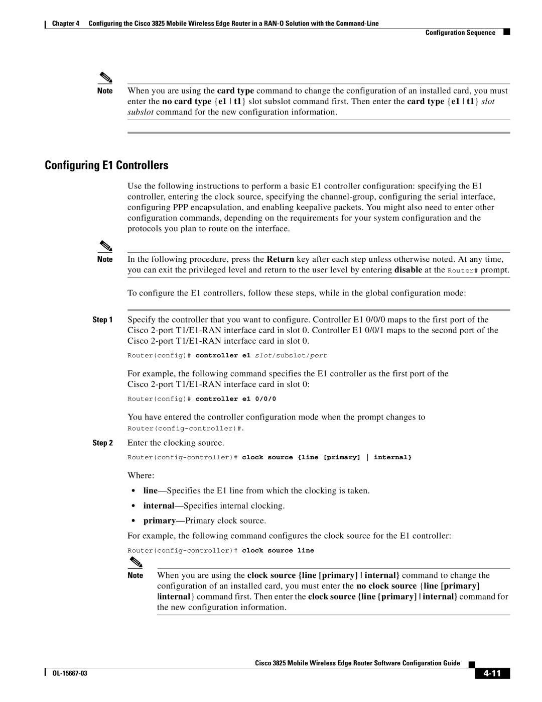 Cisco Systems 3825 manual Configuring E1 Controllers, Enter the clocking source, New configuration information 