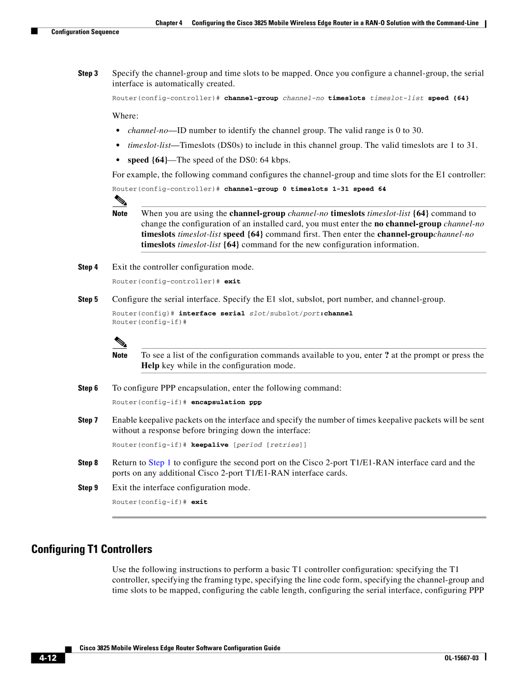 Cisco Systems 3825 manual Configuring T1 Controllers, Exit the controller configuration mode 