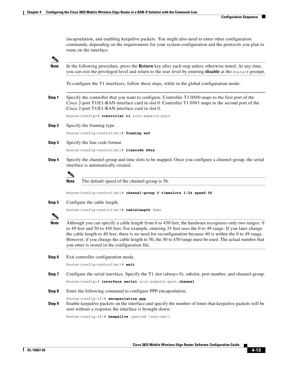 Cisco Systems 3825 manual Specify the framing type, Specify the line code format, Configure the cable length 