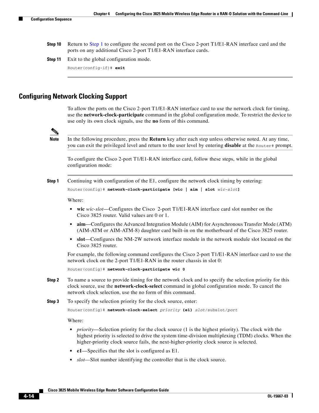 Cisco Systems 3825 manual Configuring Network Clocking Support, Routerconfig# network-clock-participate wic 