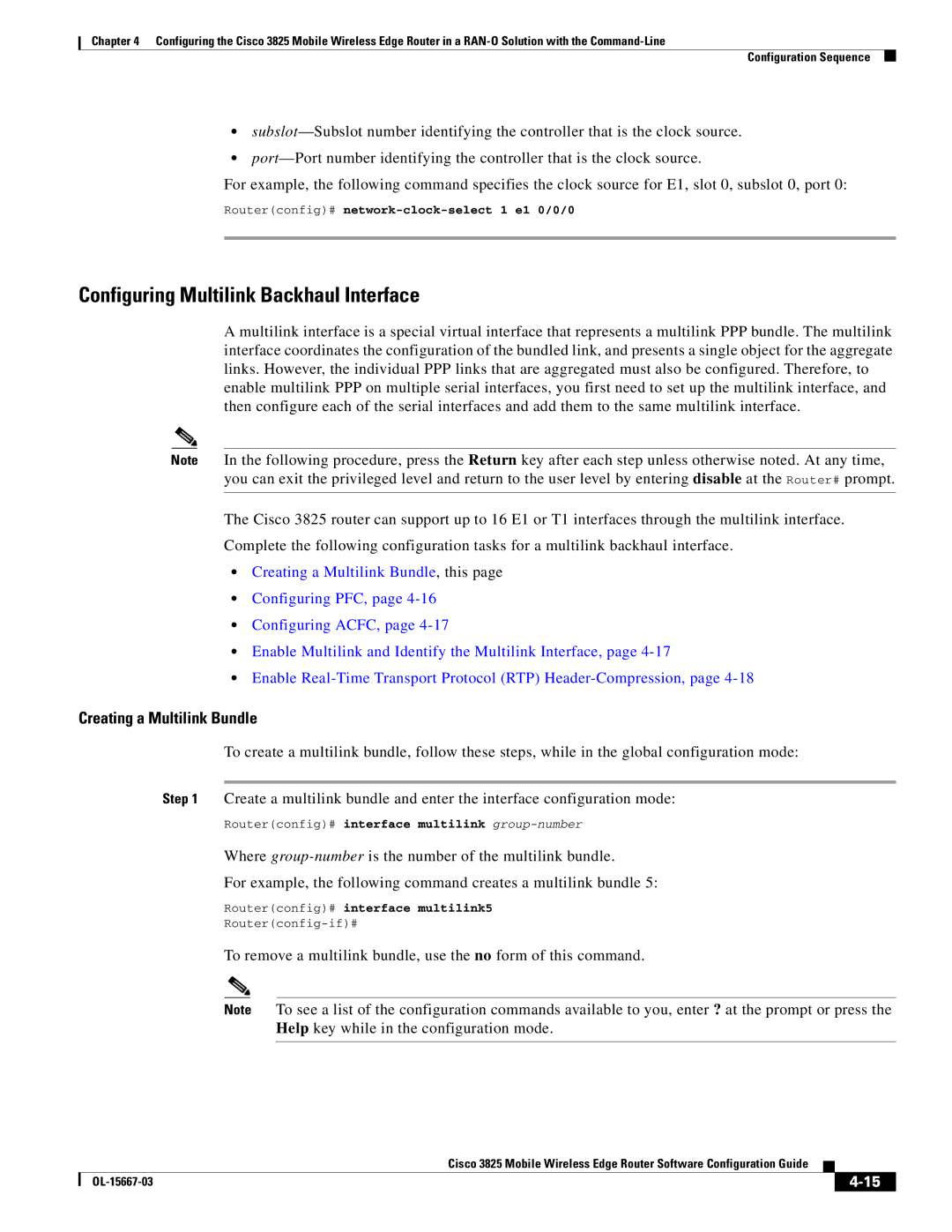 Cisco Systems 3825 manual Configuring Multilink Backhaul Interface, Routerconfig# network-clock-select 1 e1 0/0/0 