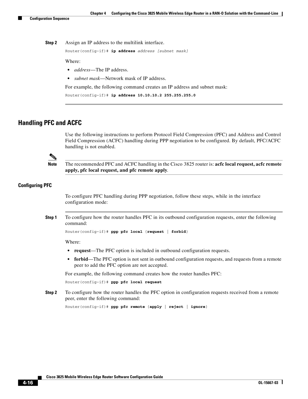 Cisco Systems 3825 manual Handling PFC and Acfc, Assign an IP address to the multilink interface 