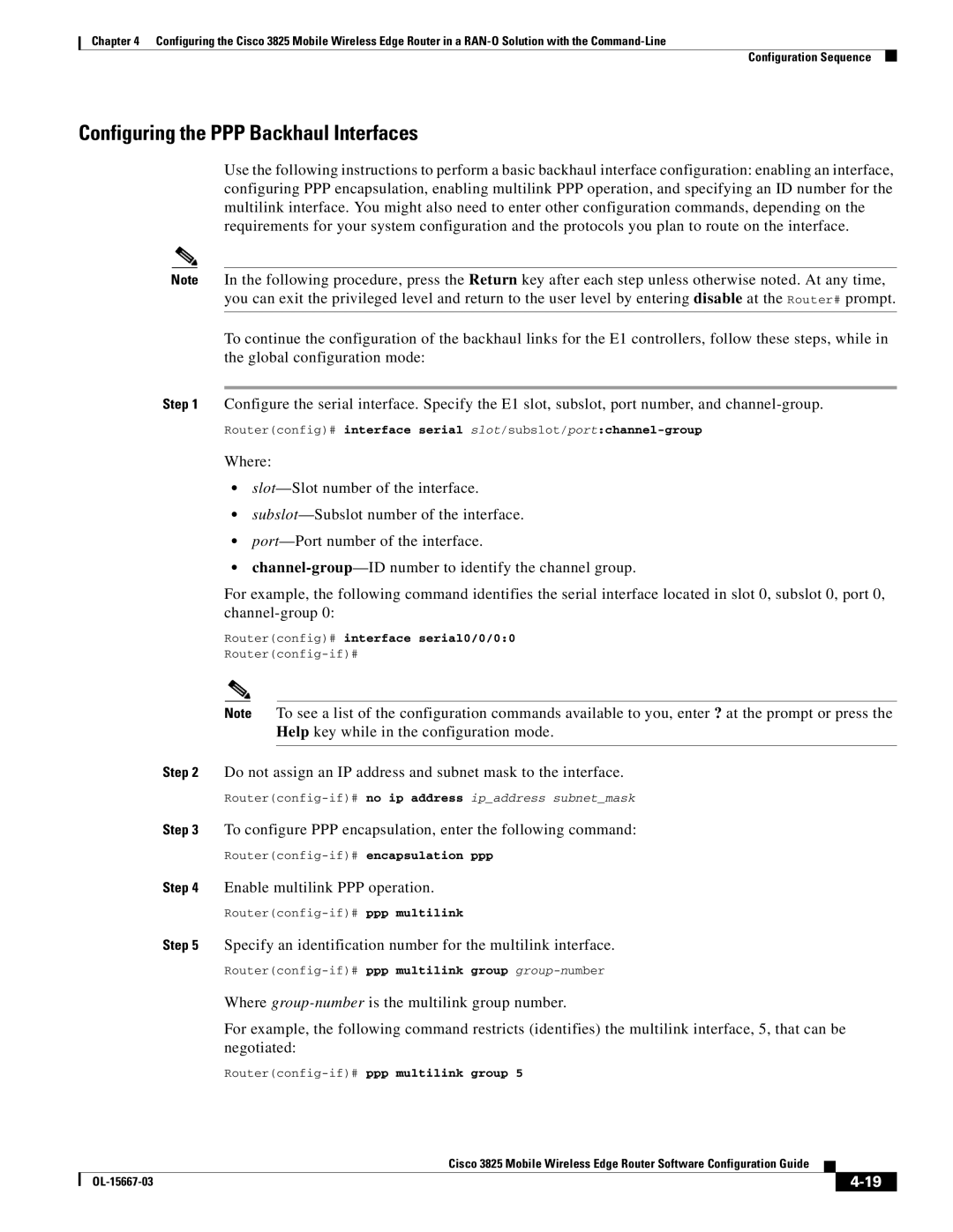 Cisco Systems 3825 manual Configuring the PPP Backhaul Interfaces, Routerconfig# interface serial0/0/00 