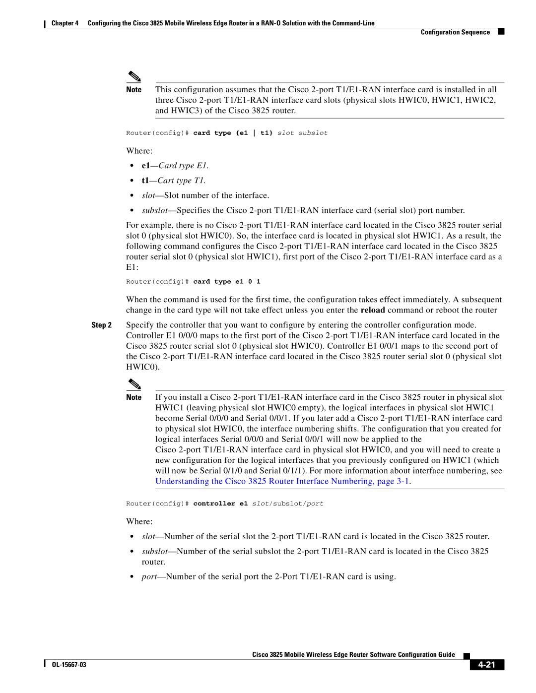 Cisco Systems 3825 manual Where, Routerconfig# card type e1 t1 slot subslot 