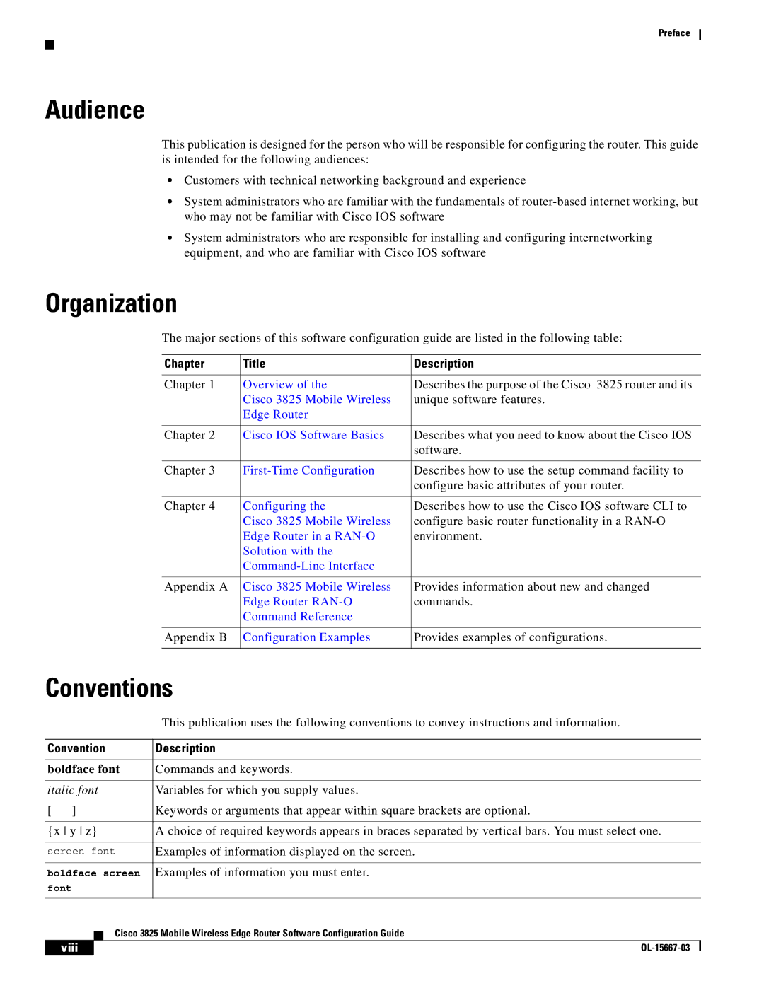 Cisco Systems 3825 manual Audience, Organization, Conventions, Viii 