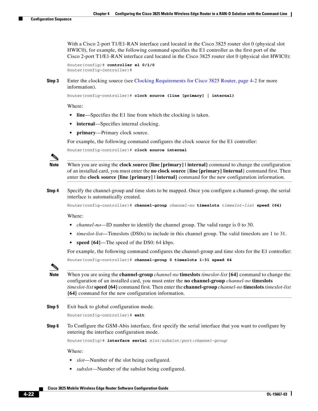 Cisco Systems 3825 manual Routerconfig# controller e1 0/1/0, Routerconfig-controller# clock source internal 