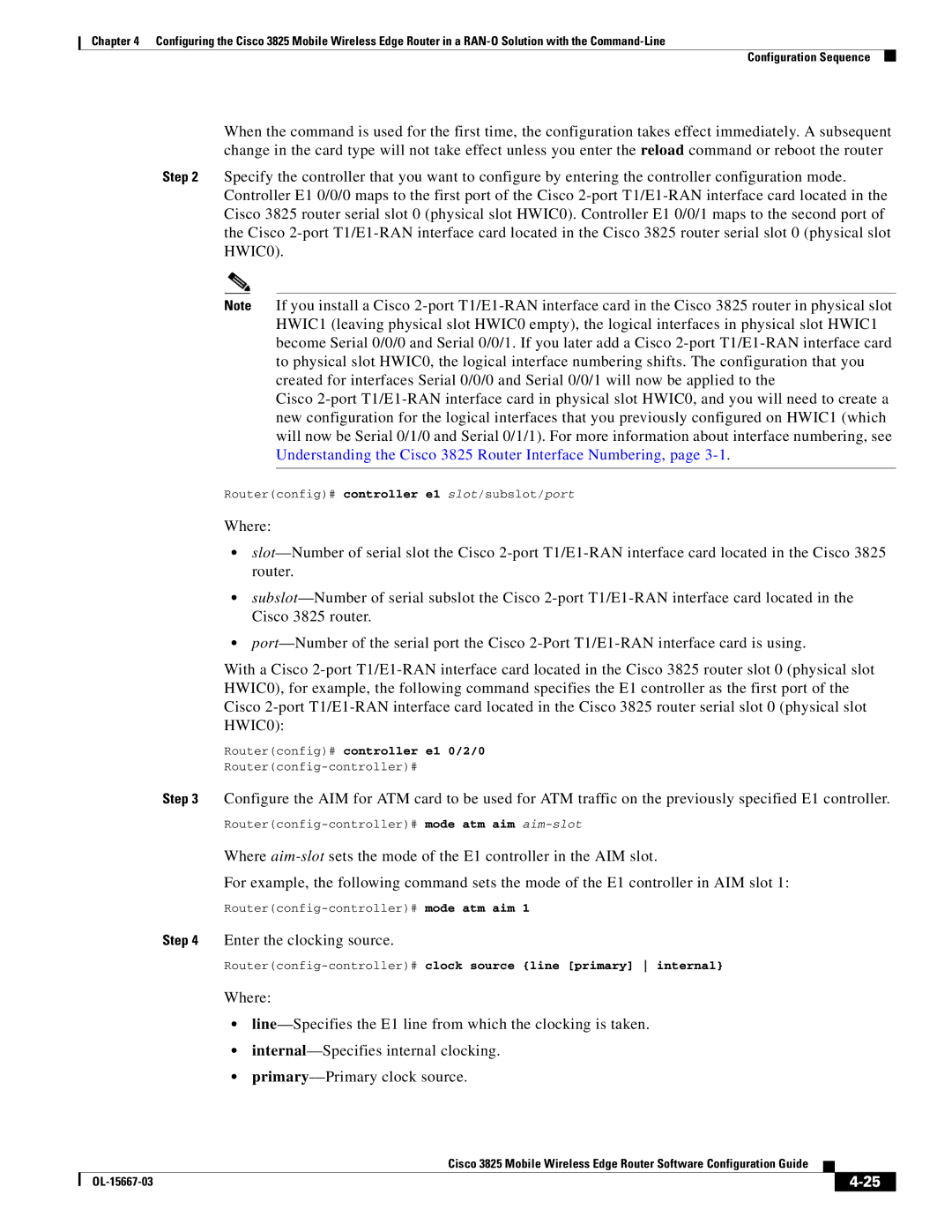 Cisco Systems 3825 manual Routerconfig# controller e1 0/2/0, Routerconfig-controller# mode atm aim aim-slot 