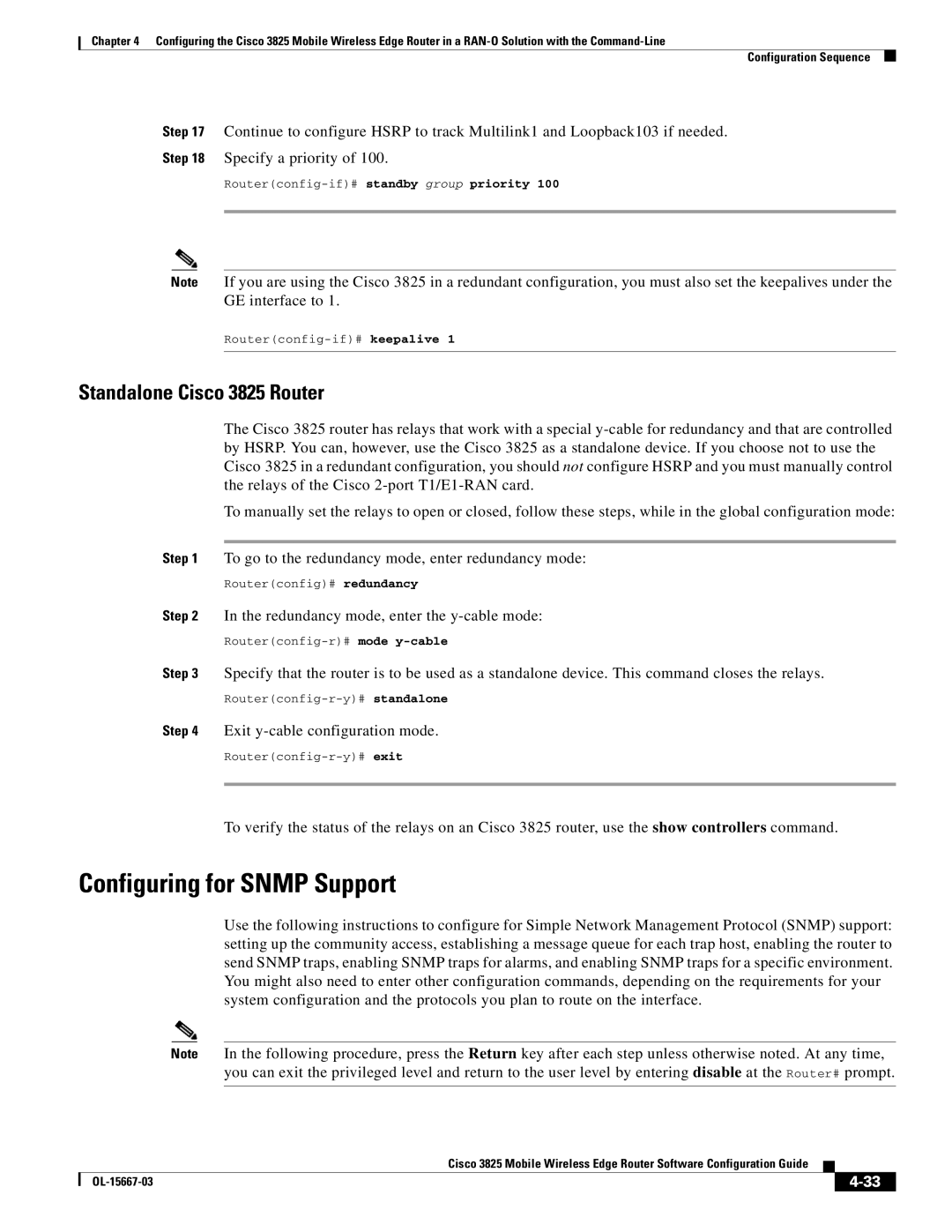 Cisco Systems manual Configuring for Snmp Support, Standalone Cisco 3825 Router, Exit y-cable configuration mode 