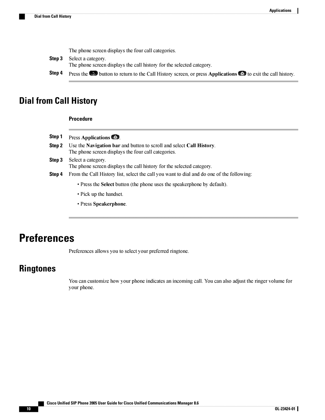 Cisco Systems 3905 manual Preferences, Dial from Call History, Ringtones 