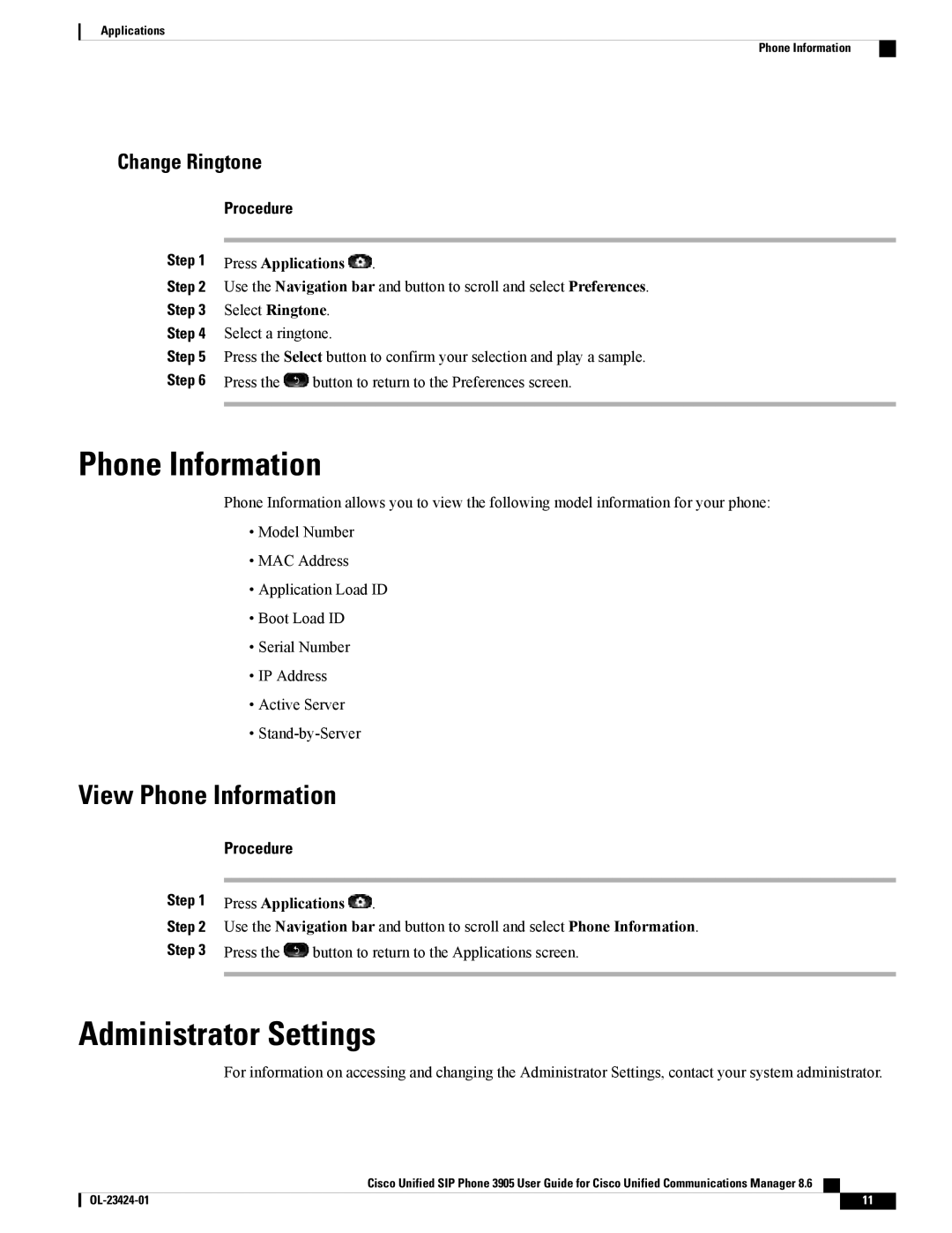 Cisco Systems 3905 manual Administrator Settings, View Phone Information 