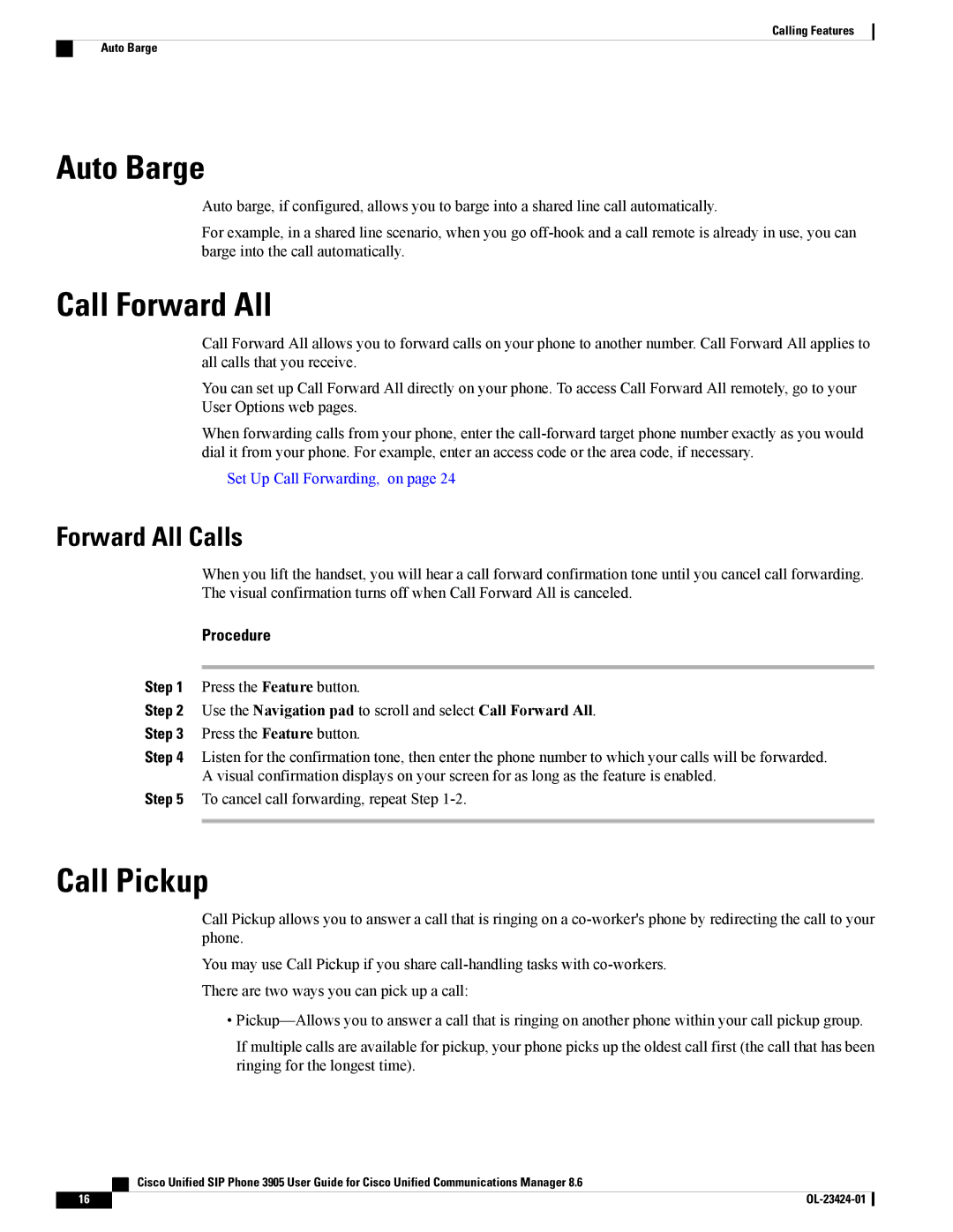 Cisco Systems 3905 manual Auto Barge, Call Forward All, Call Pickup, Forward All Calls 