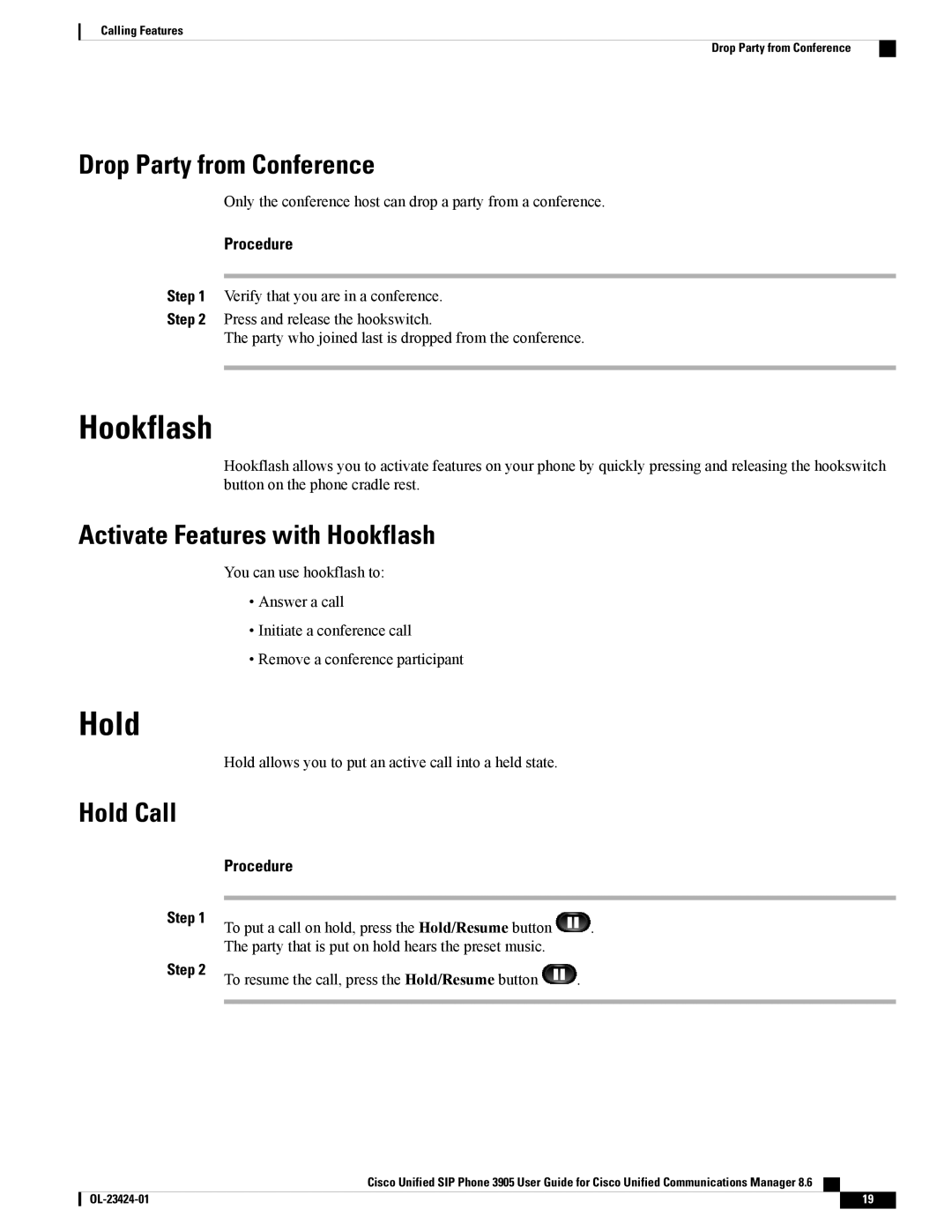 Cisco Systems 3905 manual Drop Party from Conference, Activate Features with Hookflash, Hold Call 