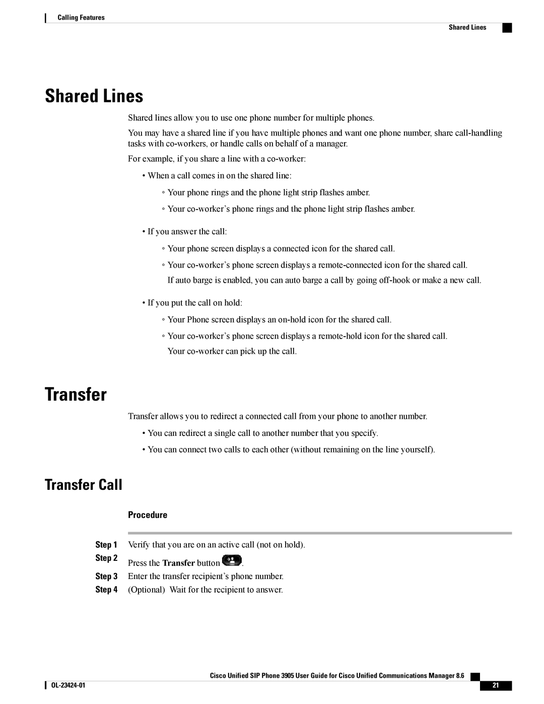 Cisco Systems 3905 manual Shared Lines, Transfer Call 