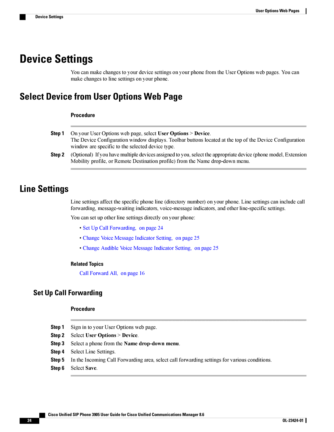 Cisco Systems 3905 manual Device Settings, Select Device from User Options Web, Line Settings 