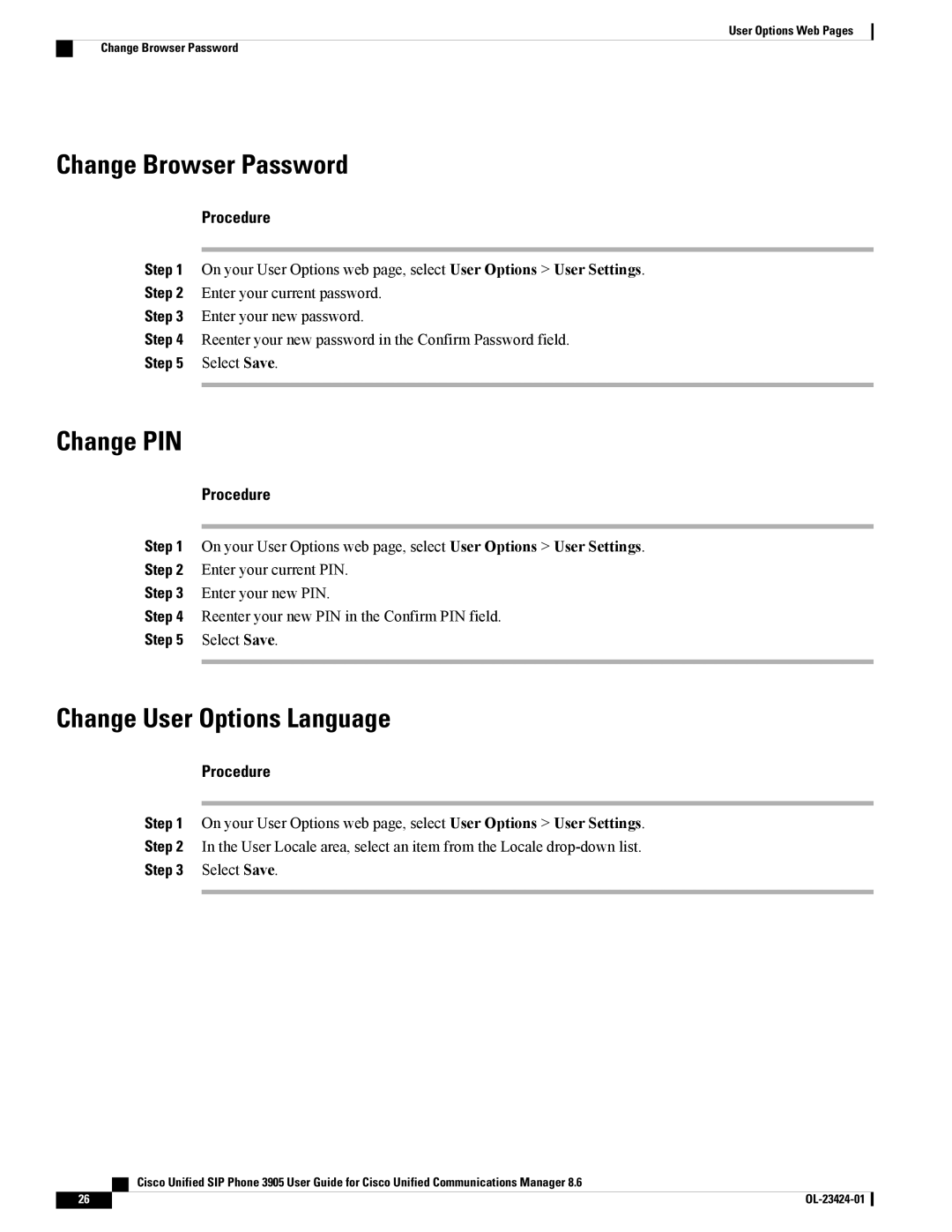 Cisco Systems 3905 manual Change Browser Password, Change PIN, Change User Options Language 