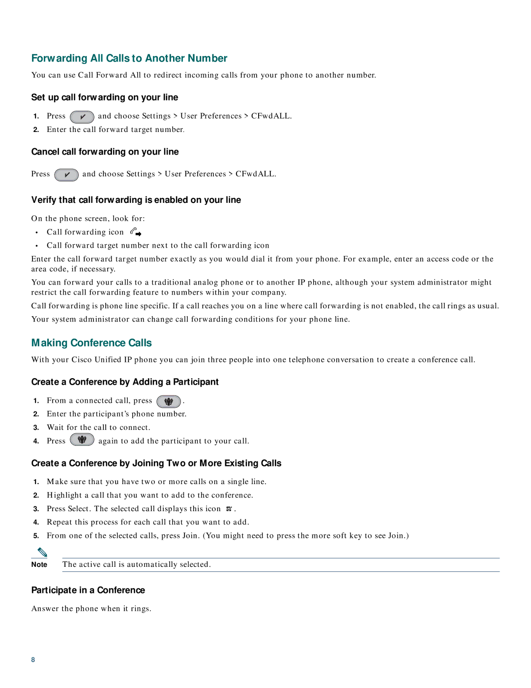 Cisco Systems 3911 manual Forwarding All Calls to Another Number, Making Conference Calls 