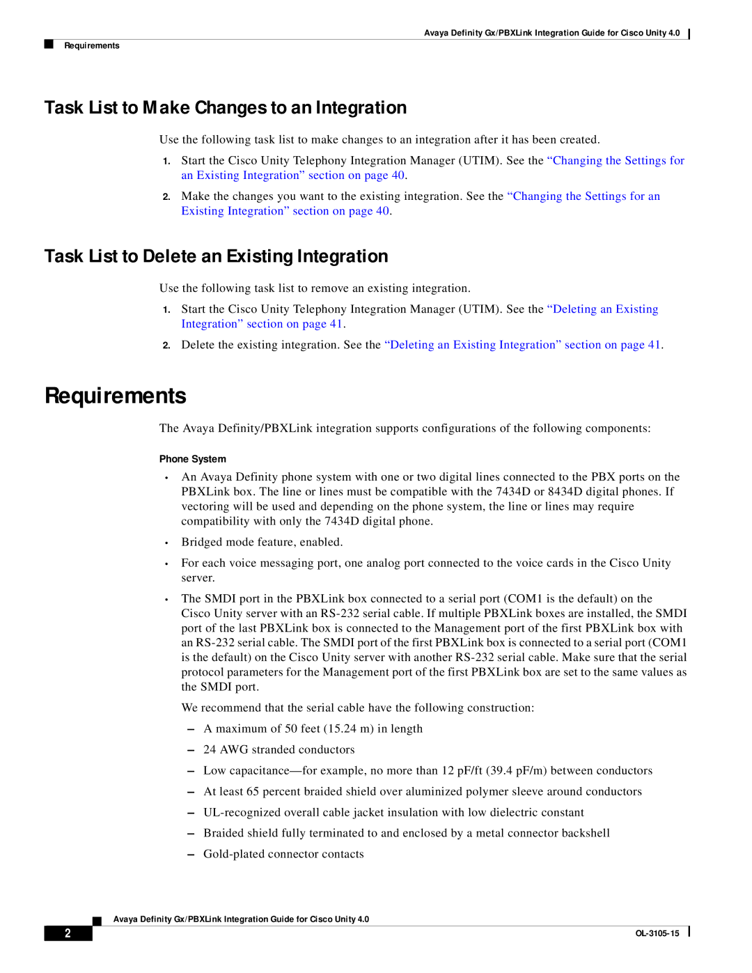 Cisco Systems 4 Requirements, Task List to Make Changes to an Integration, Task List to Delete an Existing Integration 