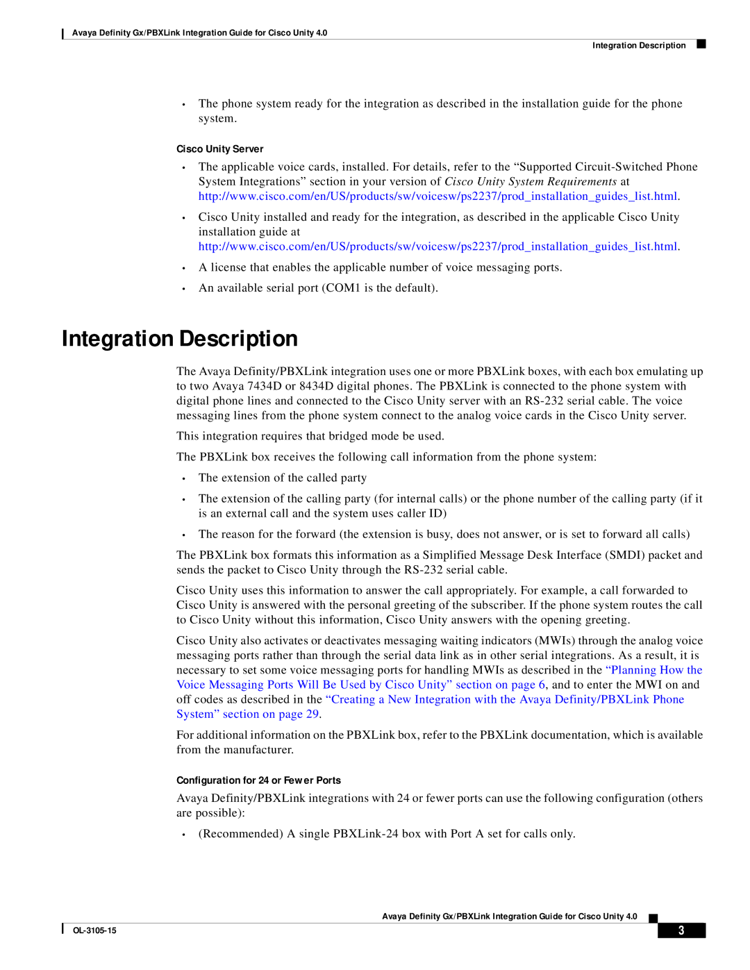 Cisco Systems manual Integration Description, Cisco Unity Server, Configuration for 24 or Fewer Ports 