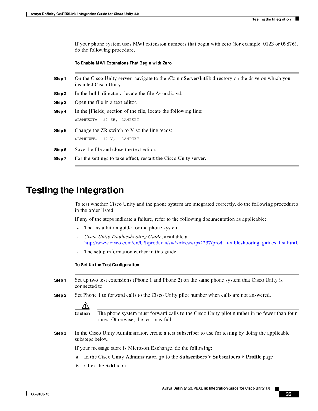 Cisco Systems 4 Testing the Integration, To Enable MWI Extensions That Begin with Zero, To Set Up the Test Configuration 