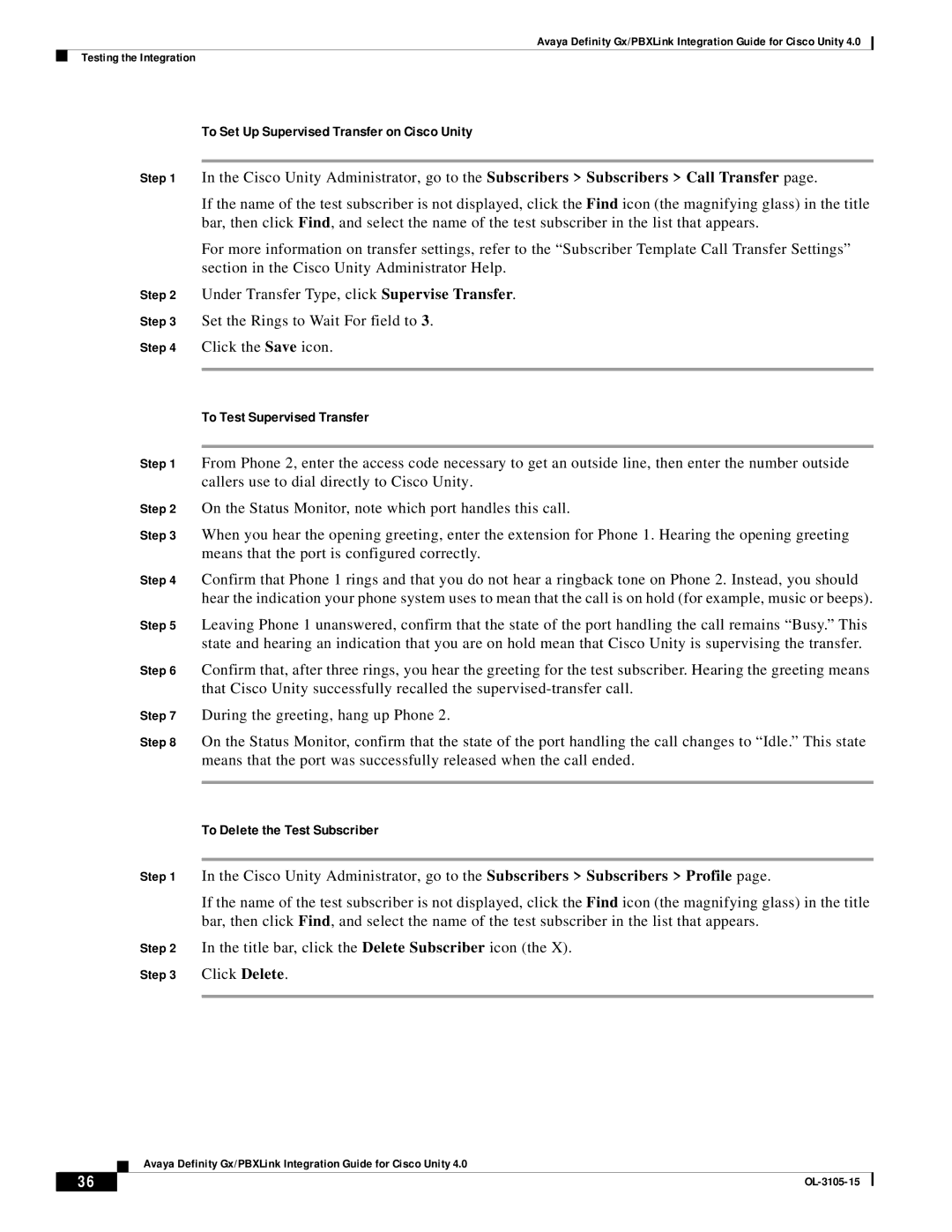 Cisco Systems 4 To Set Up Supervised Transfer on Cisco Unity, To Test Supervised Transfer, To Delete the Test Subscriber 