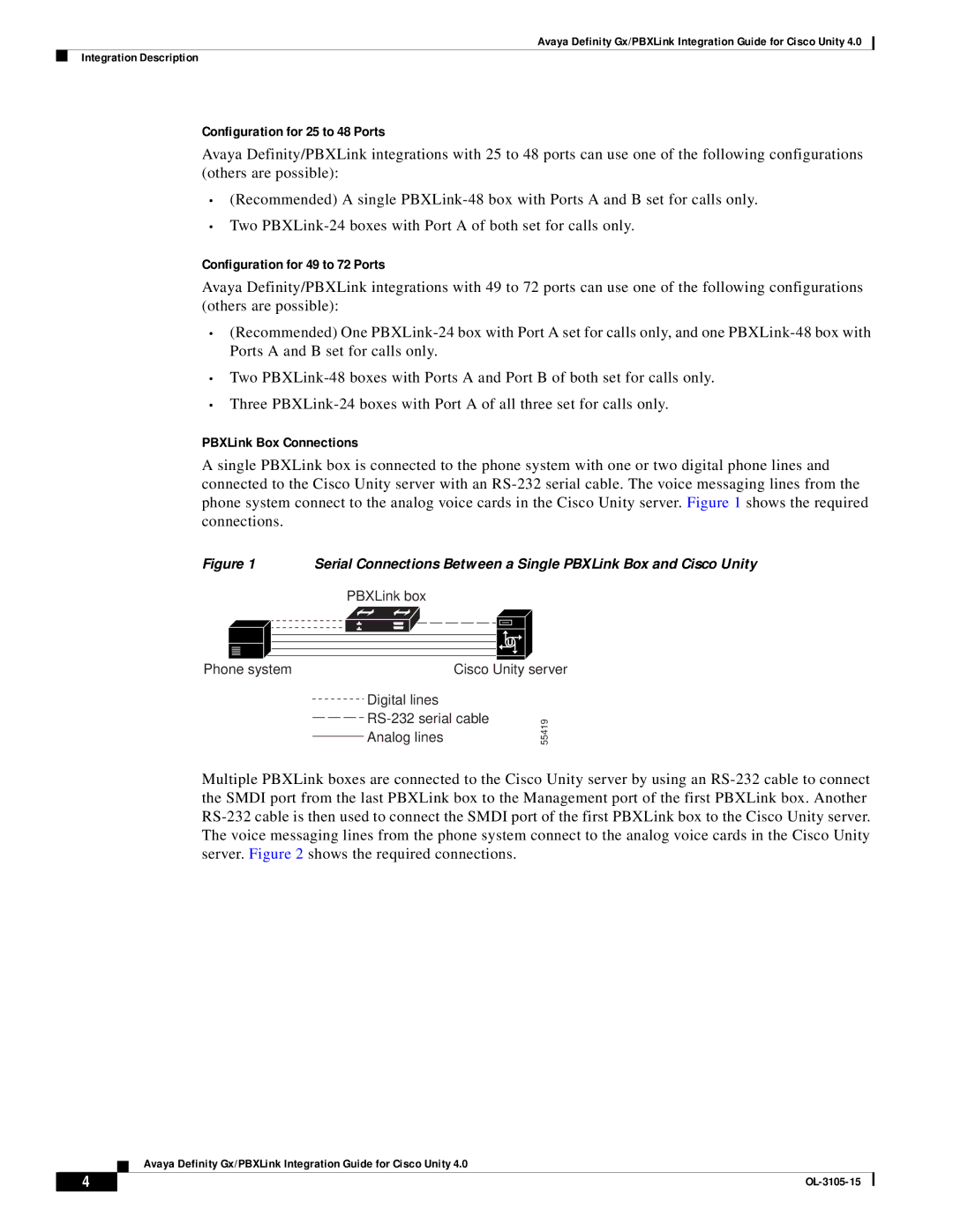 Cisco Systems manual Configuration for 25 to 48 Ports, Configuration for 49 to 72 Ports, PBXLink Box Connections 