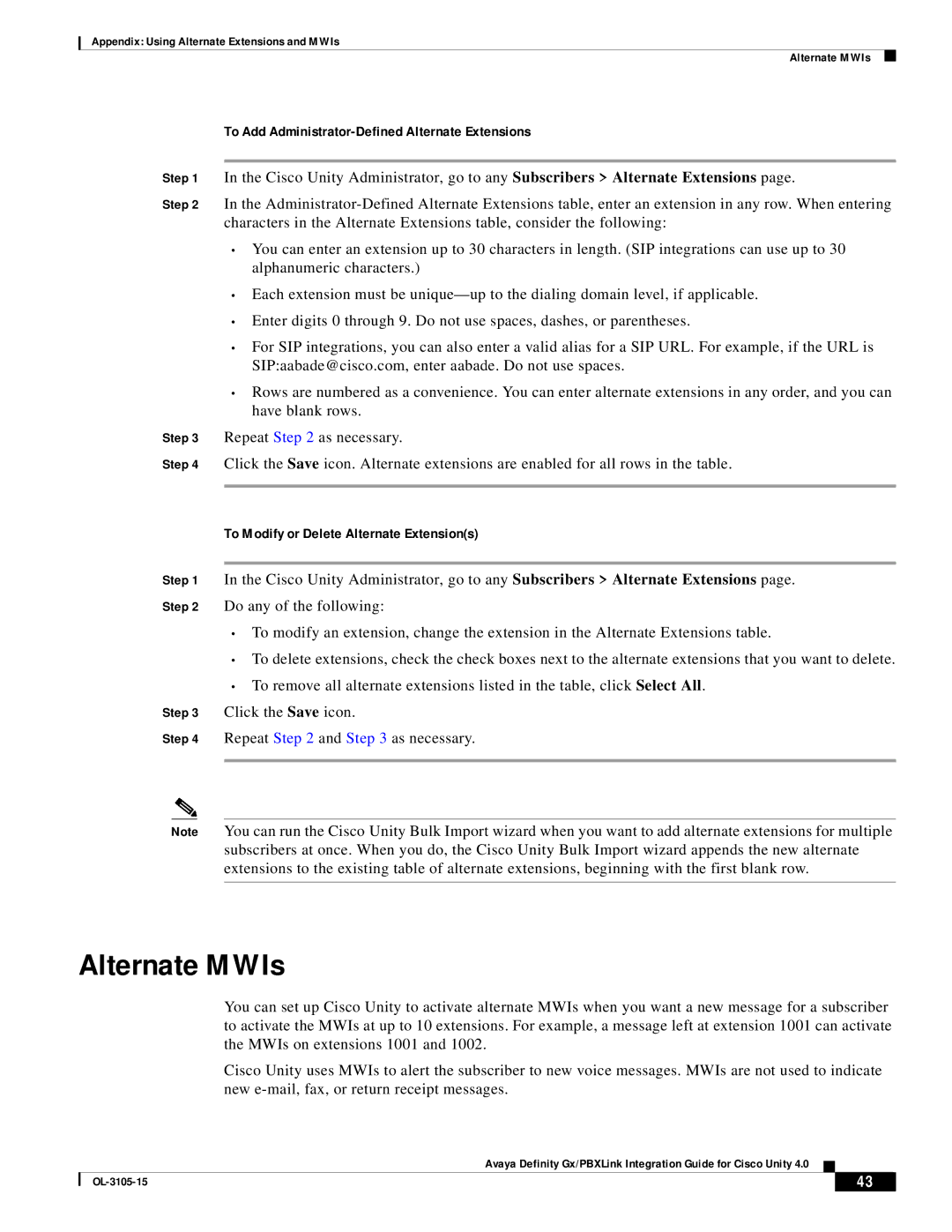 Cisco Systems 4 manual Alternate MWIs, To Add Administrator-Defined Alternate Extensions 