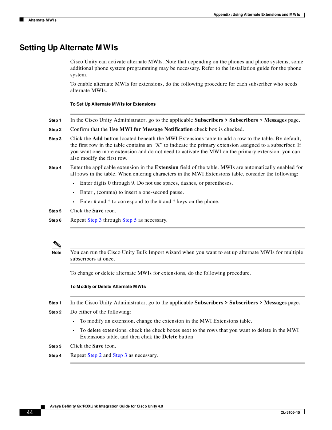 Cisco Systems 4 Setting Up Alternate MWIs, To Set Up Alternate MWIs for Extensions, To Modify or Delete Alternate MWIs 