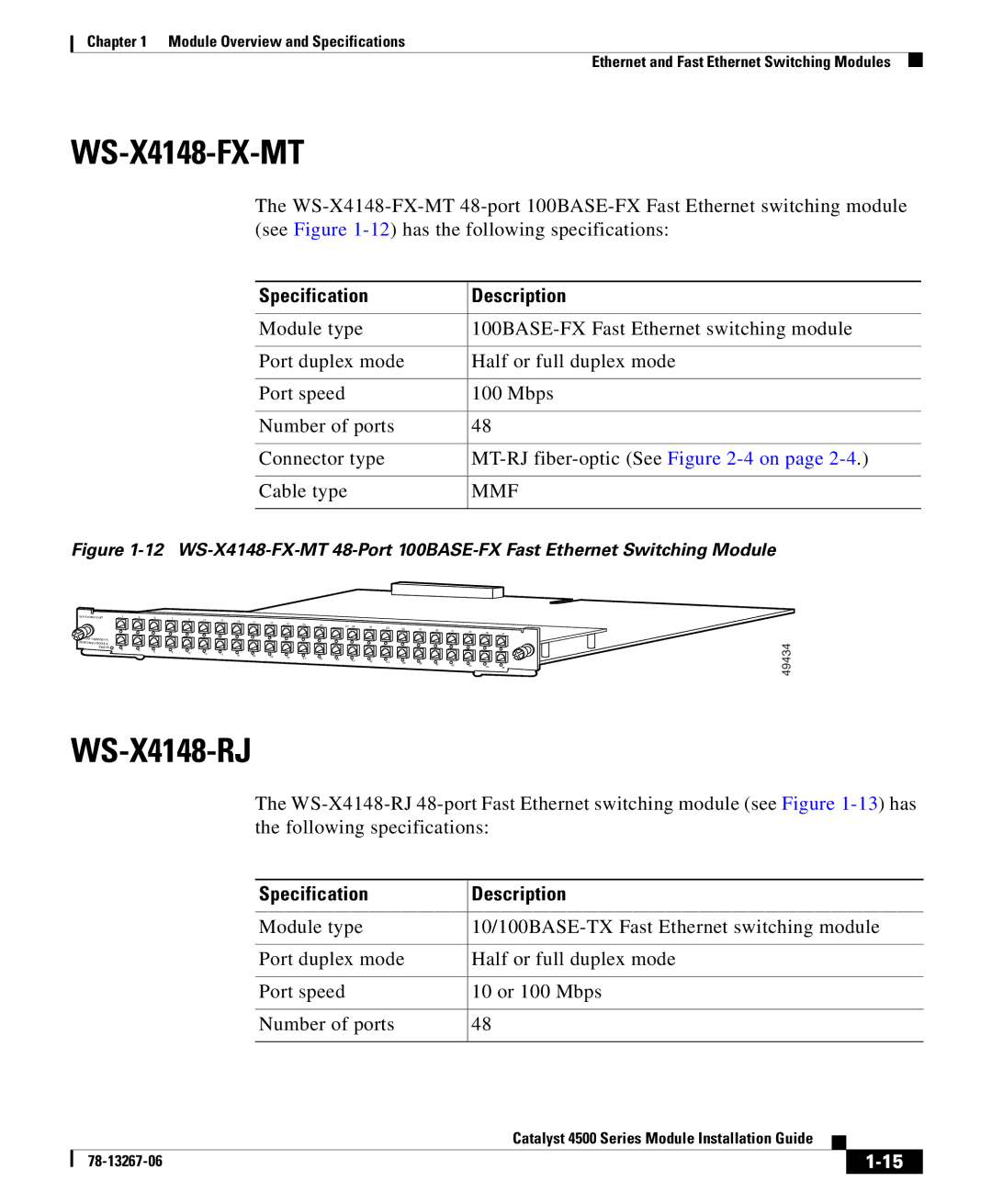 Cisco Systems 4000 specifications WS-X4148-FX-MT, WS-X4148-RJ 