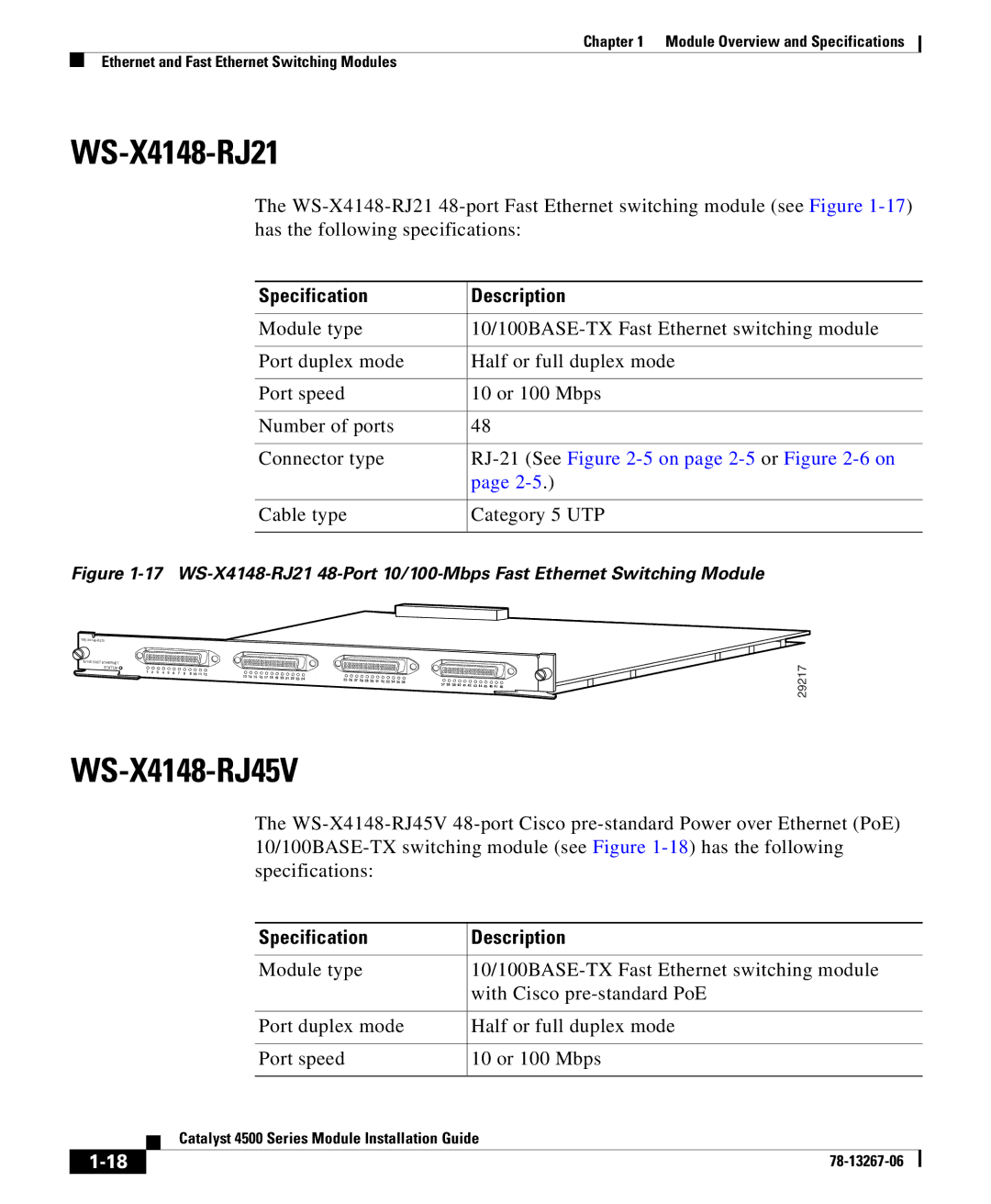 Cisco Systems 4000 specifications WS-X4148-RJ21, WS-X4148-RJ45V 