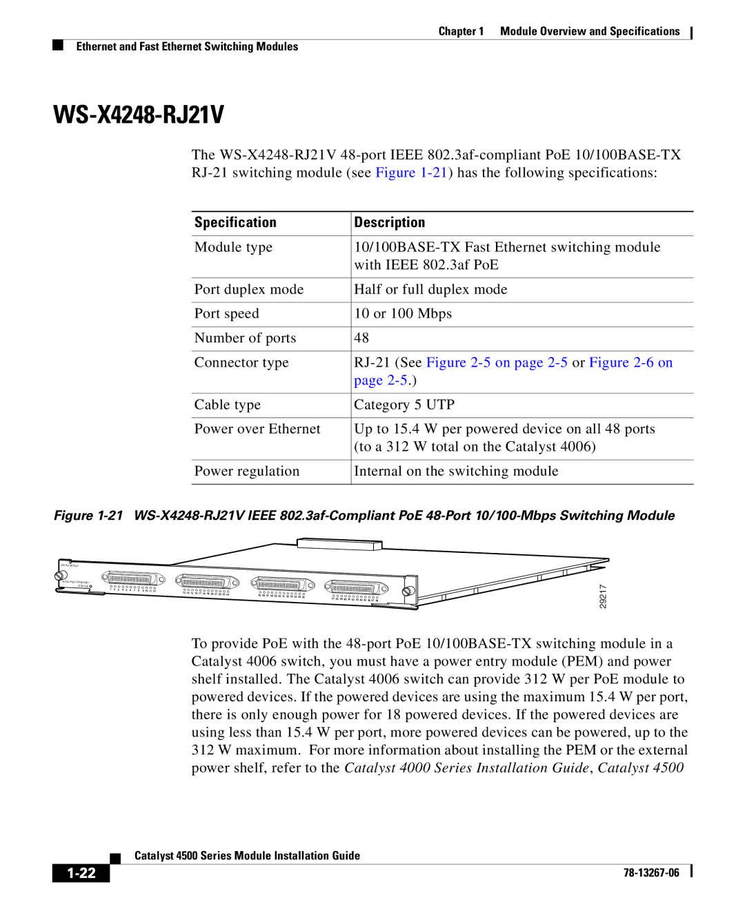 Cisco Systems 4000 specifications WS-X4248-RJ21V 