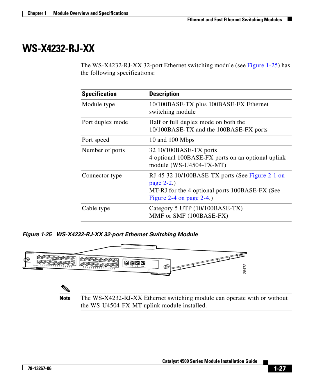 Cisco Systems 4000 specifications WS-X4232-RJ-XX 32-port Ethernet Switching Module 