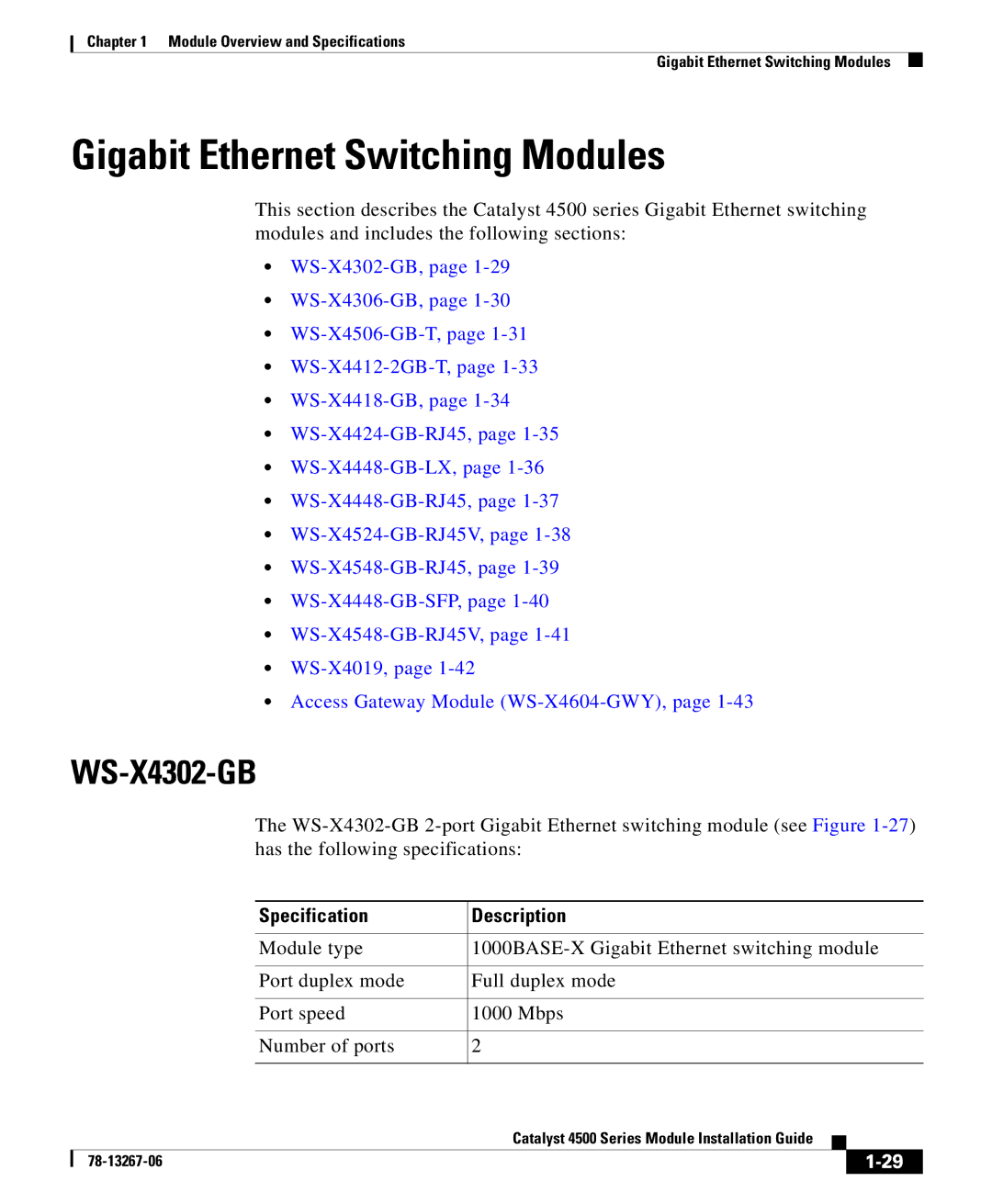 Cisco Systems 4000 specifications Gigabit Ethernet Switching Modules, WS-X4302-GB 