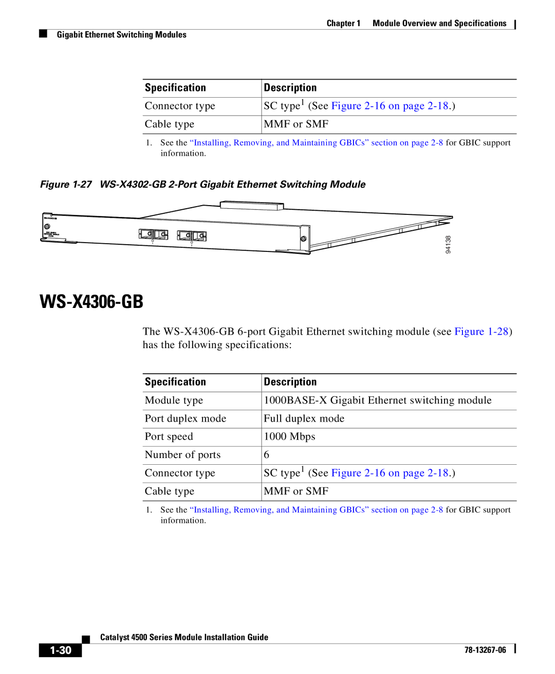 Cisco Systems 4000 specifications WS-X4306-GB, SC type 1 See -16 on 