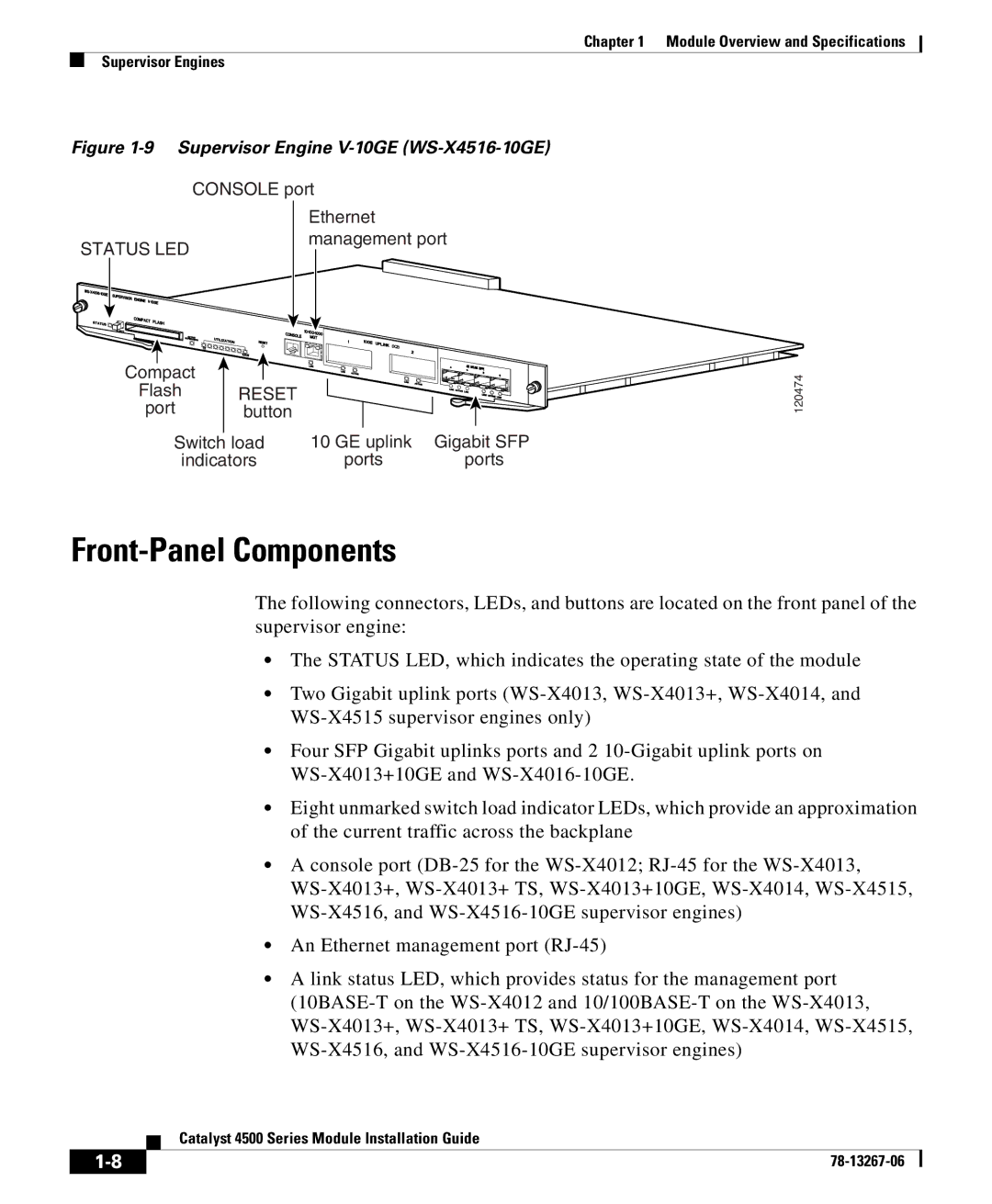 Cisco Systems 4000 specifications Front-Panel Components, Supervisor Engine V-10GE WS-X4516-10GE 