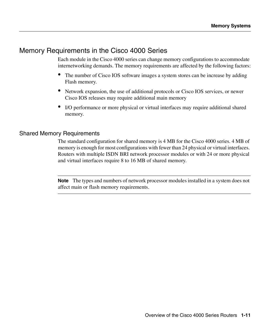 Cisco Systems manual Memory Requirements in the Cisco 4000 Series, Shared Memory Requirements 