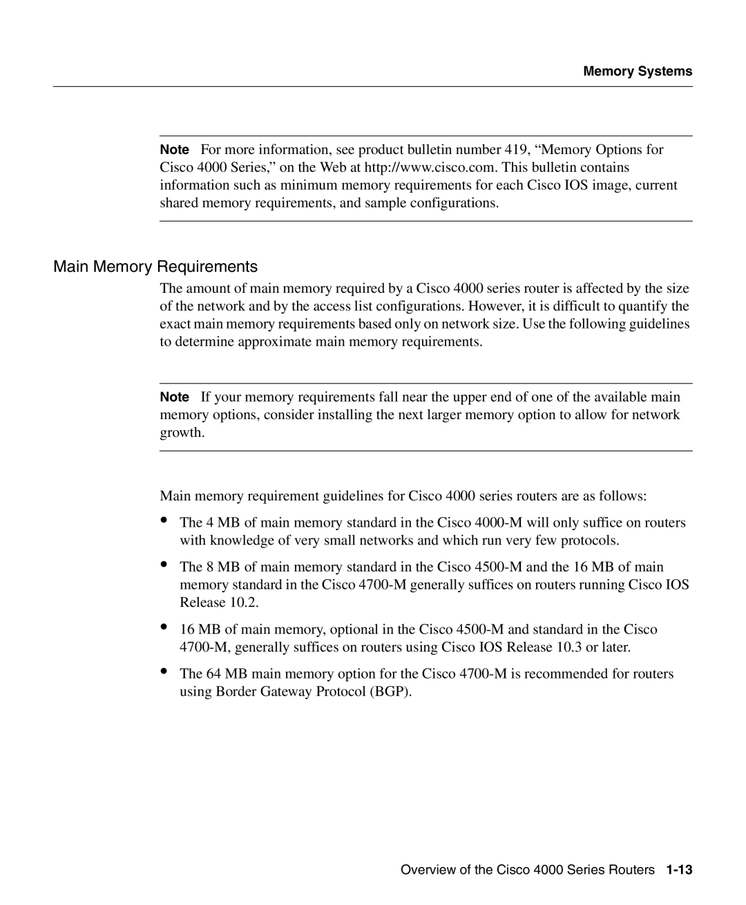 Cisco Systems 4000 manual Main Memory Requirements 