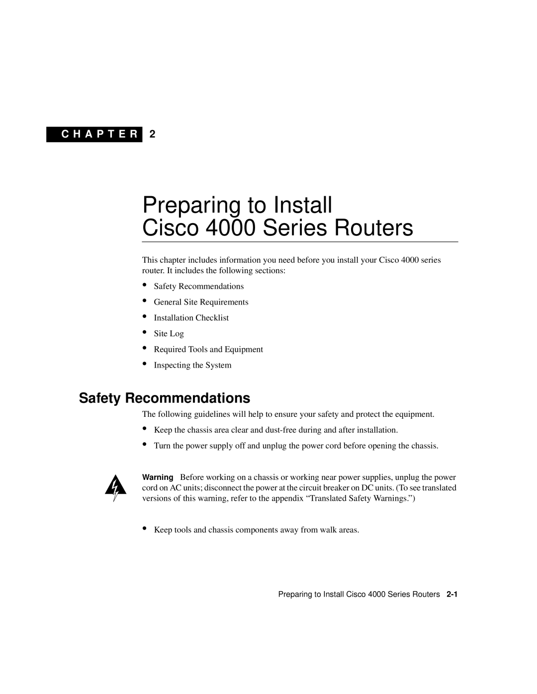 Cisco Systems appendix Preparing to Install Cisco 4000 Series Routers, Safety Recommendations 