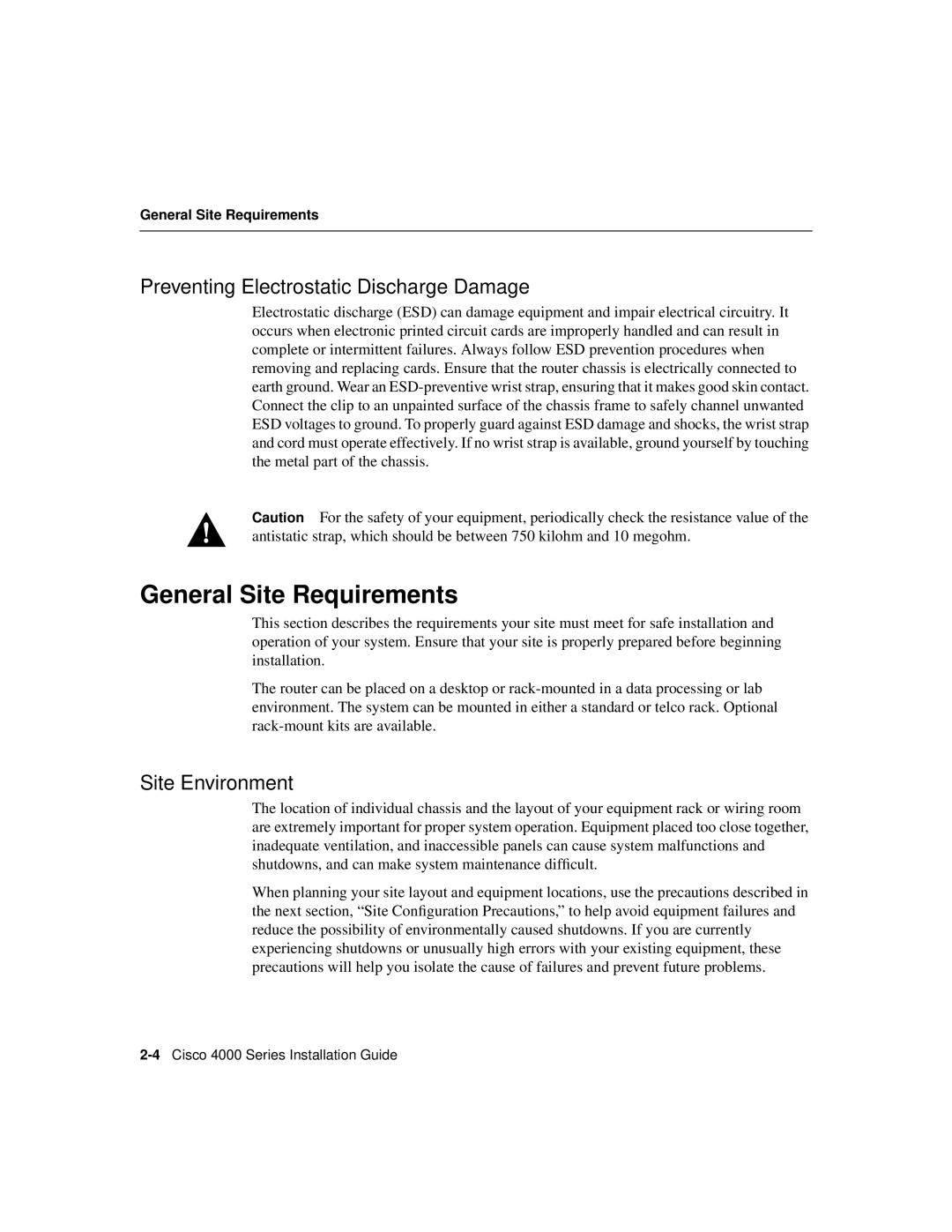 Cisco Systems 4000 appendix General Site Requirements, Preventing Electrostatic Discharge Damage, Site Environment 